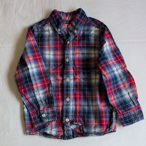 oshkosh b'gosh red & blue plaid cotton button down collared shirt size 5 boys